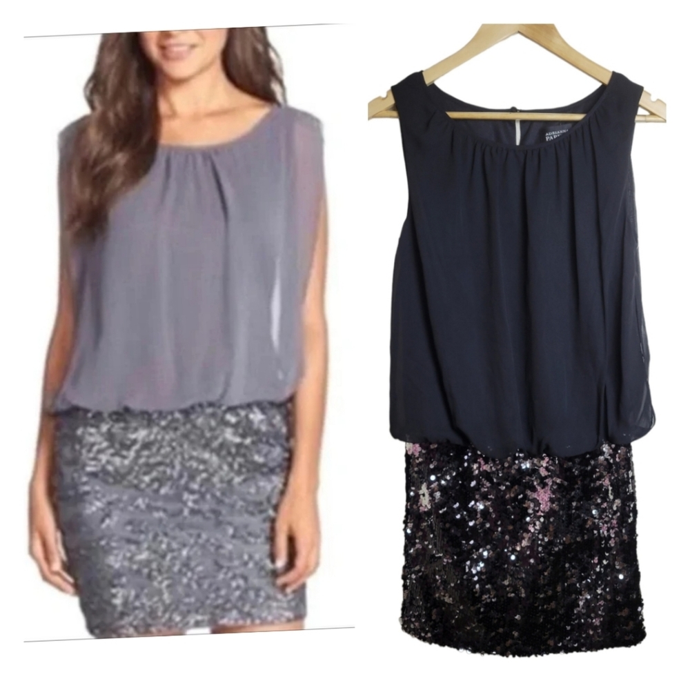 NWT Adrianna Papell Sequin Mini Blouson Dress Black Silver Cocktail Party Size 4